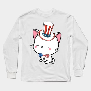 Funny white cat is ready for independence day Long Sleeve T-Shirt